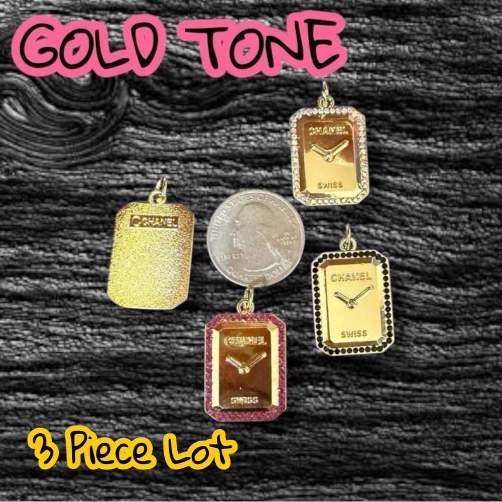 Lot of 3 Gold Tone CC Clock Zipper Pull Button Pendant Necklace Charms